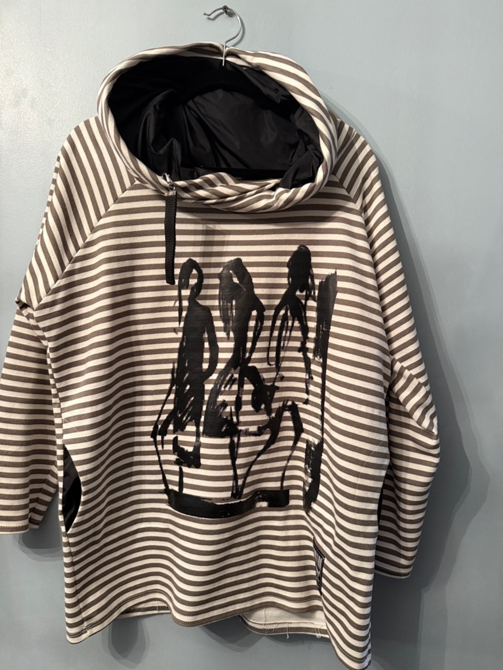 Beige & Black Striped Hoodie Sweatshirt with Abstract Graphic.Oversized fit S-XL